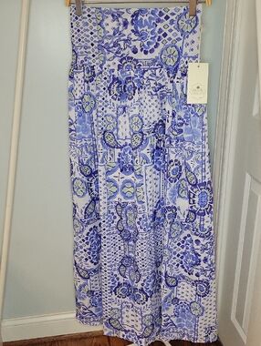 Moon Orchid Blue Floral Print Cotton Maxi Skirt with Smocked Waist NWT Sz Small